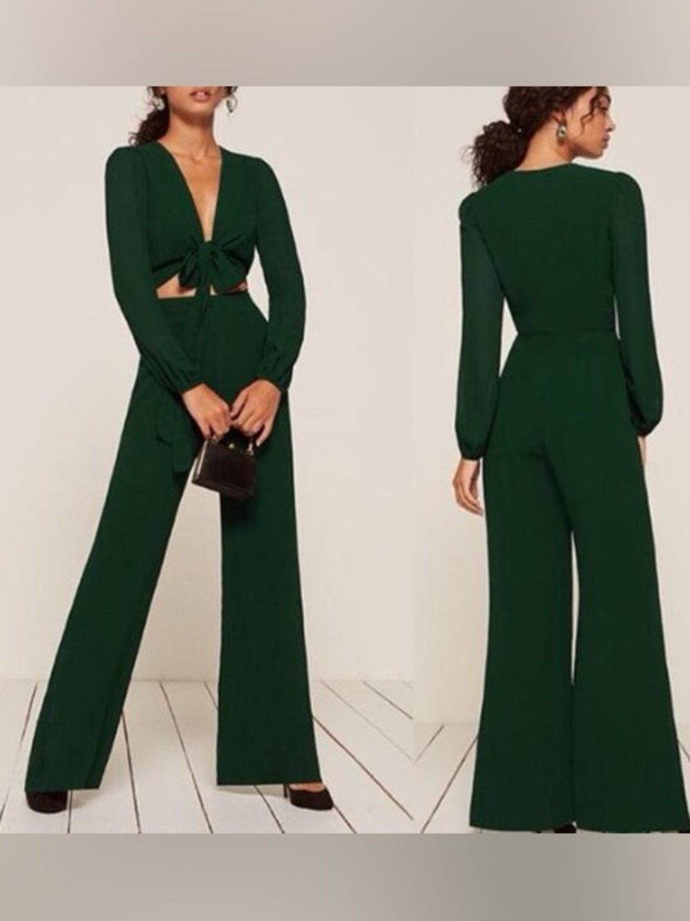 Reformation Primrose Tie-Front Emerald Green Long/Sleeve Cutout Jumpsuit